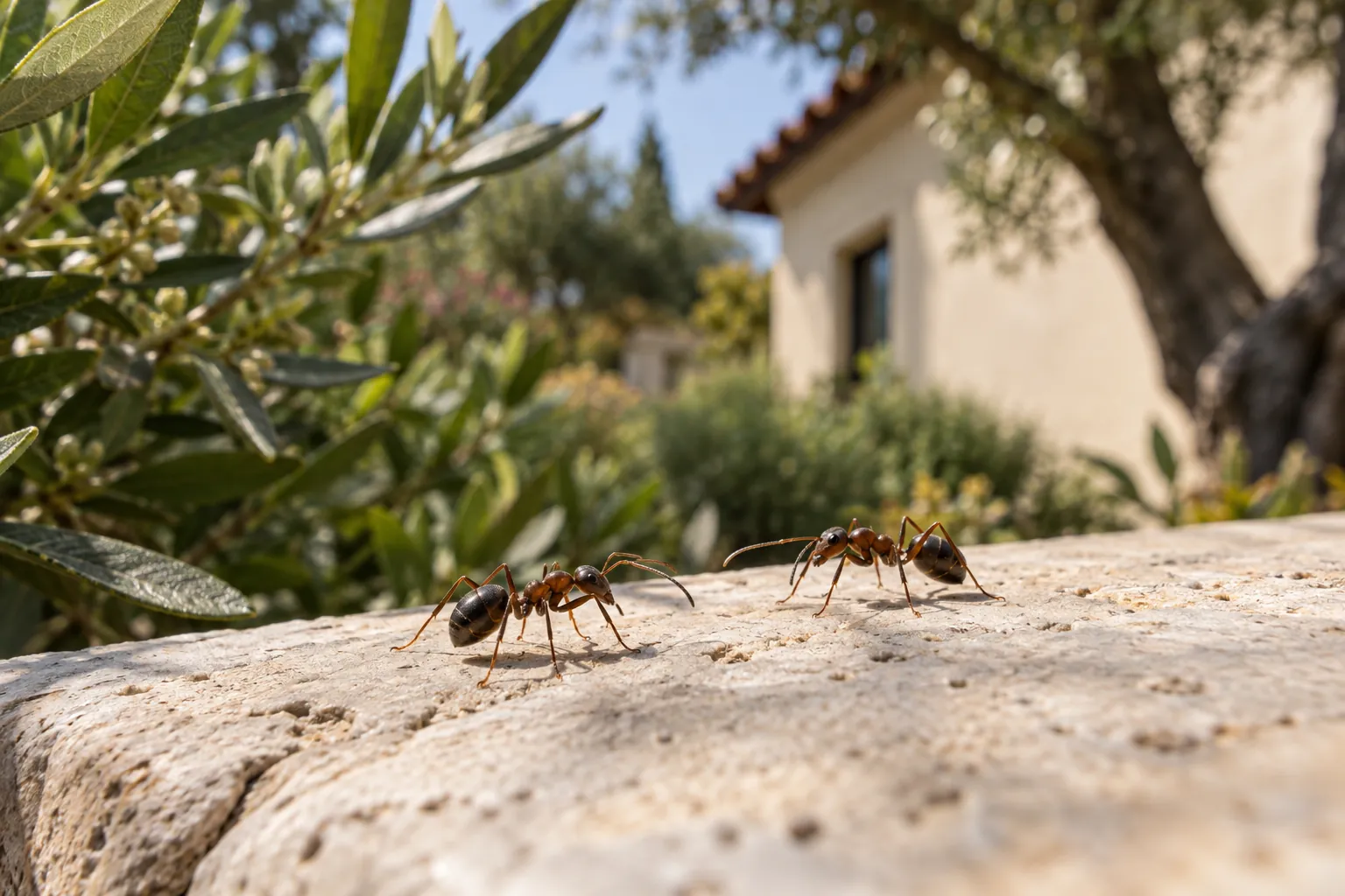 Two ants on a stone garden edge beside an exterior wall