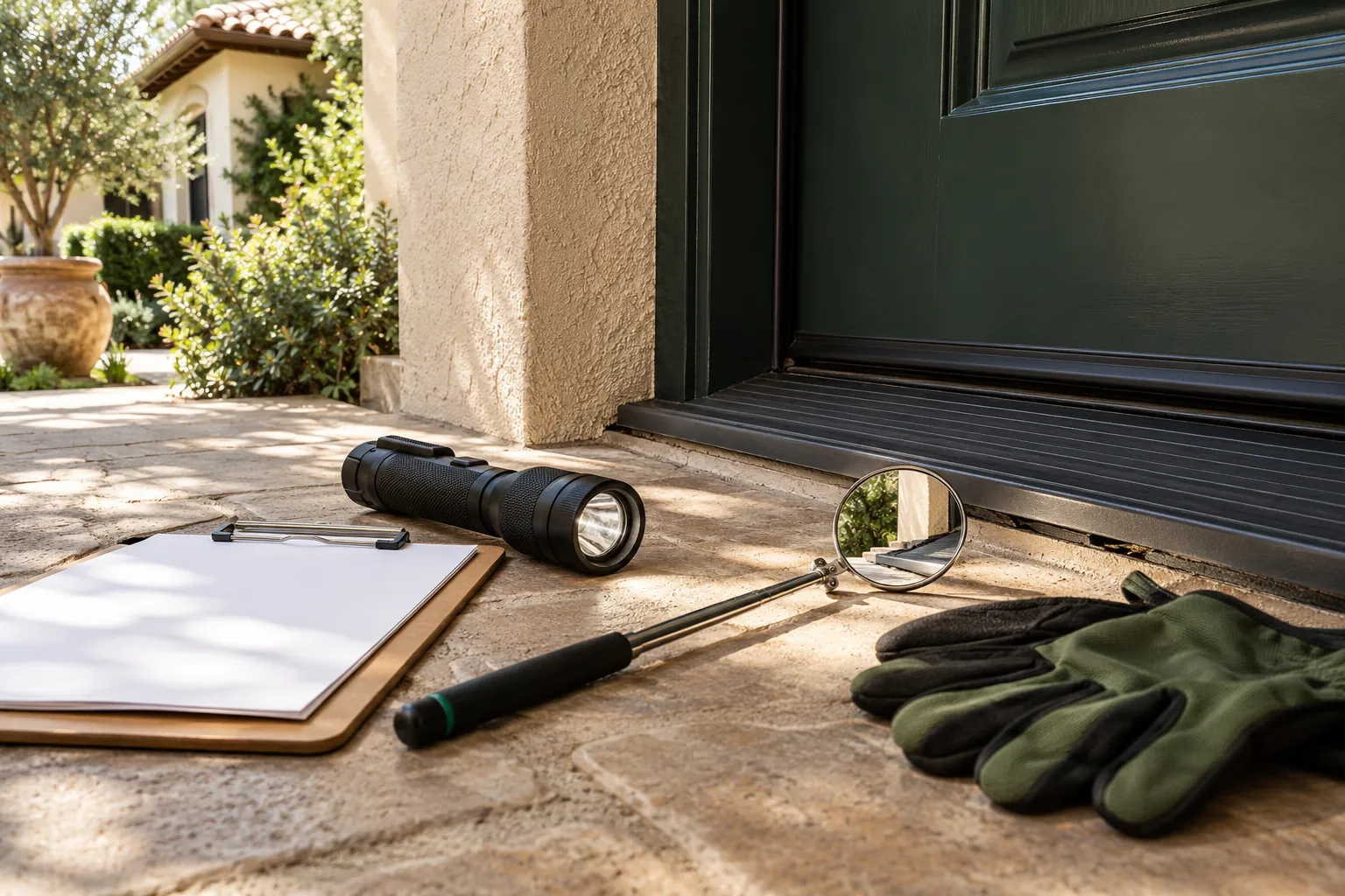 Flashlight, mirror and gloves beside a door threshold for pest inspection