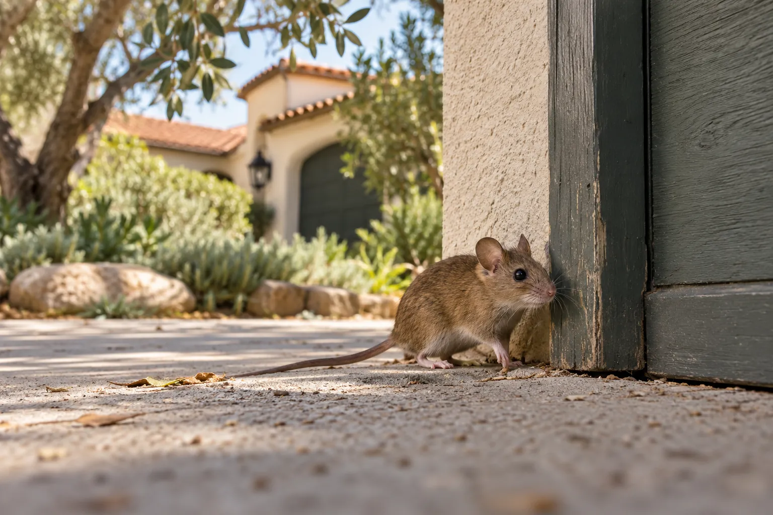 House mouse beside an exterior garage threshold