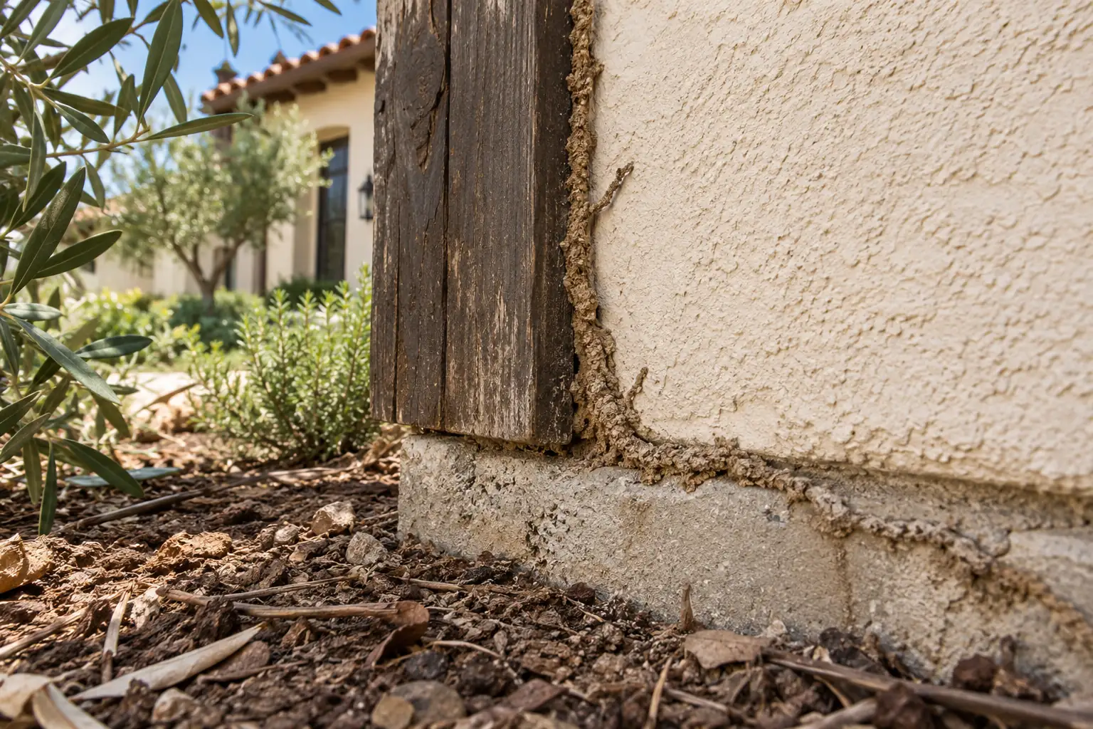 Earthen termite mud tube along a foundation and timber trim