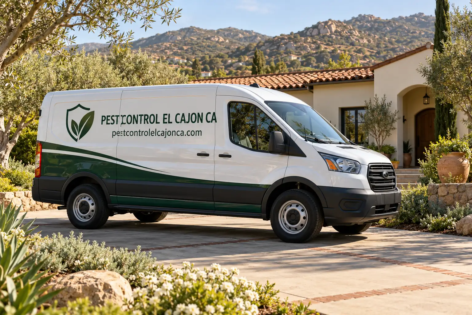 Branded Pest Control El Cajon CA van outside a home